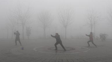 People practise Taiji on a foggy day at a park in Jiaozuo, central China's Henan province, January 28, 2013. China issued a blue-coded alert on Sunday as foggy weather forecast for the coming two days will cut visibility and worsen air pollution in some central and eastern Chinese cities, Xinhua News Agency reported. REUTERS/China Daily (CHINA - Tags: ENVIRONMENT) CHINA OUT. NO COMMERCIAL OR EDITORIAL SALES IN CHINA - RTR3D2UJ