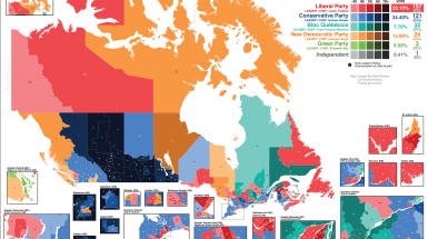 La mappa elettorale del Canada. Qui per i dettagli