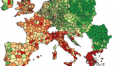 La variazione del PIL tra il 2003 e il 2015 nelle diverse aree dell'Unione Europea (in verde dove la ricchezza pro-capite aumenta, in rosso dove diminuisce) evidenza un processo di divergenza già evidente. Fonte: "A European atlas of economic success and failure", Bruegel