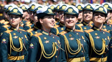 Russian servicewomen march during the 24th June 2020 Victory Day Parade