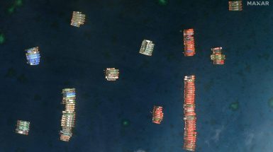 Satellite image showing Chinese vessels anchored at the disputed Whitsun Reef, in the South China Sea. Credit: AFP PHOTO / Satellite image ©2021 Maxar Technologies