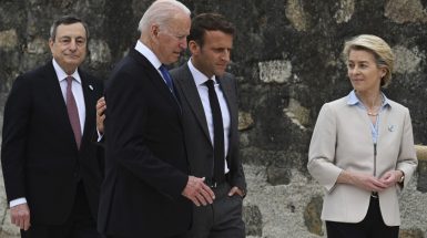 European leaders Ursula von der Leyen, Emmanuel Macron and Mario Draghi with US President Joe Biden