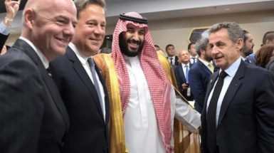 Saudi Crown Prince Mohammed bin Salman with President of FIFA Gianni Infantino, (then) President of Panama Juan Carlos Varela and former President of France Nicolas Sarkozy at the opening of the 2018 FIFA World Cup in Russia